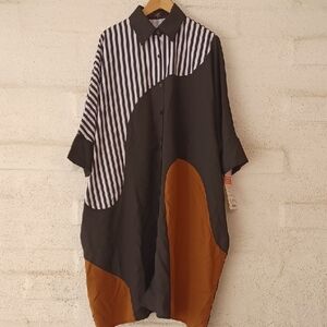 ESY Oversized Button Front Short Sleeve Shirt Dress, Boxy Fit, Pockets, New